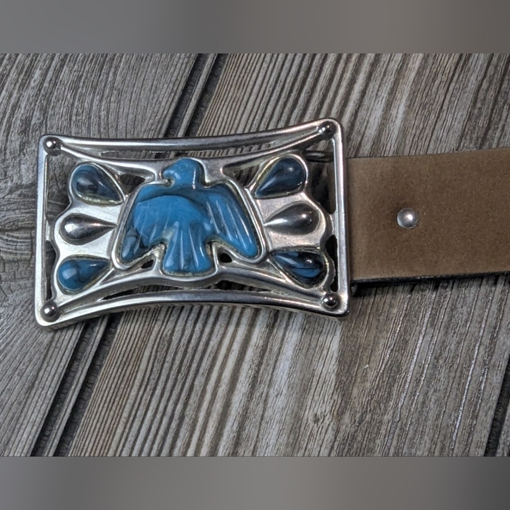 Unique Faux Turquoise Belt Buckle With Silver Backing Vintage - Picture 2 of 10